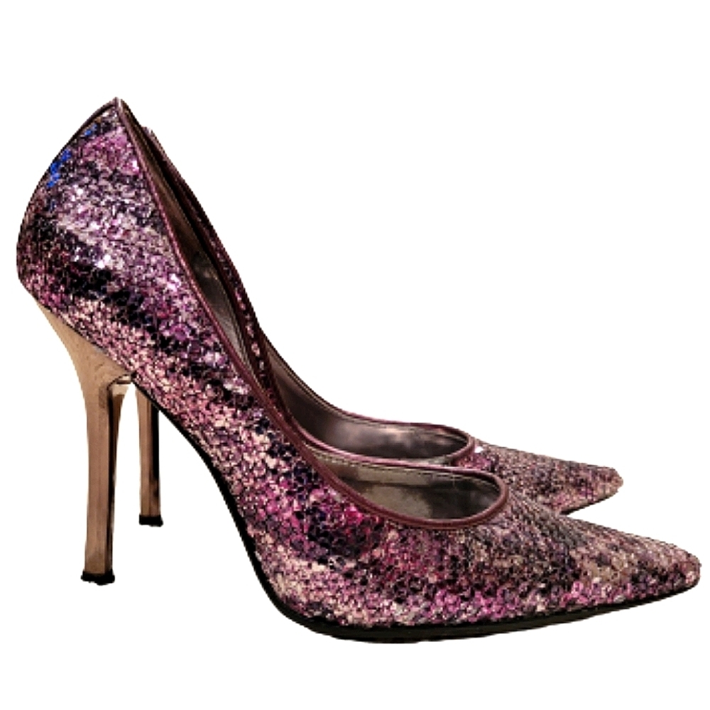 2/$18 Guess d'Orsay Purple Snakeskin Sequined Pointed Toe Heels Stilettos 6 M
